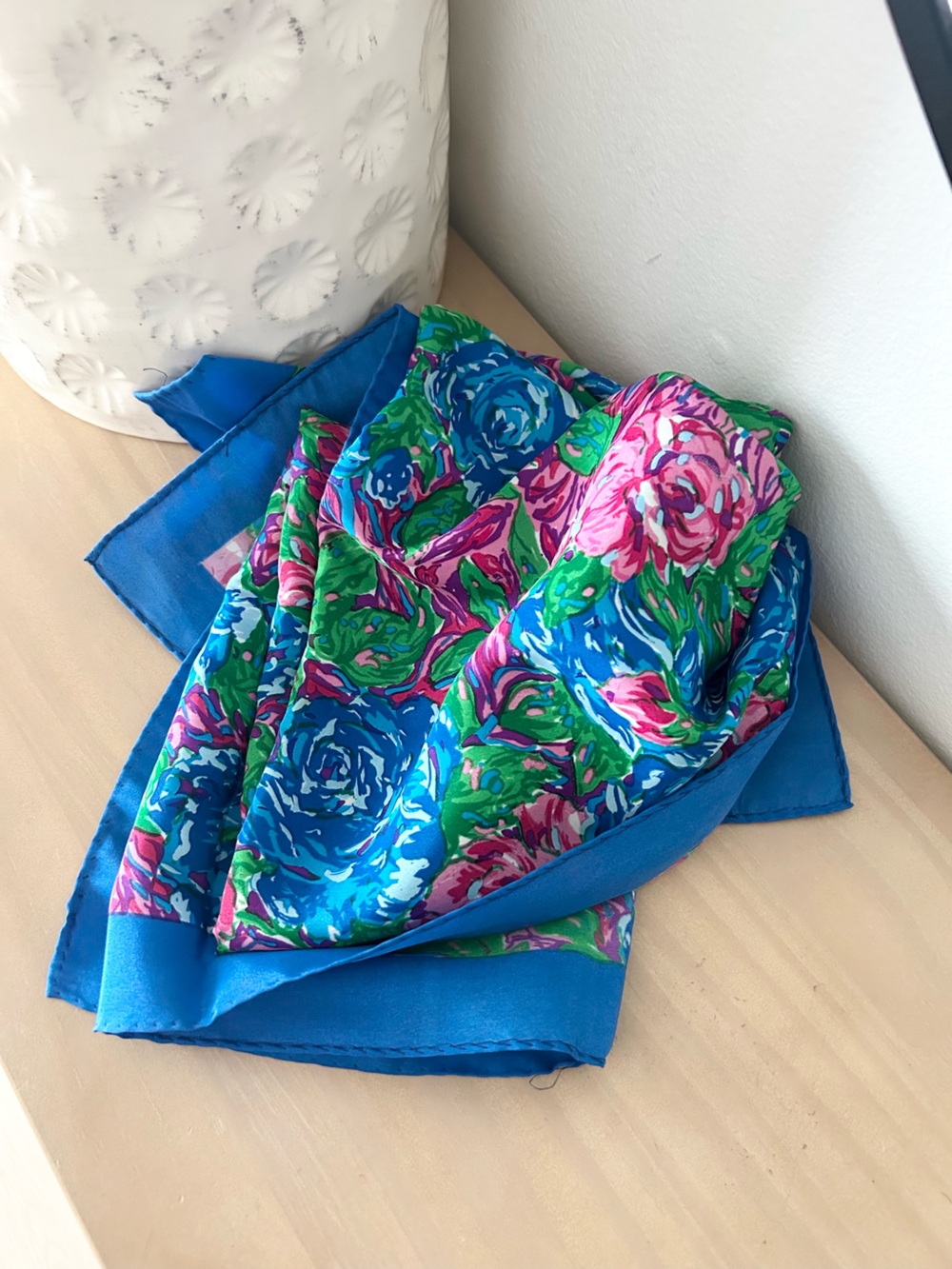 Vintage Blue Floral Scarf Pink Green Rose Print Silk Feel Lightweight Wrap